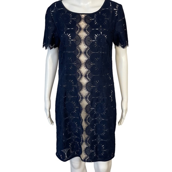 Trina Turk Navy Floral Lace Semi Sheer Short Sleeve Shift Dress Sz 8 - Picture 1 of 10